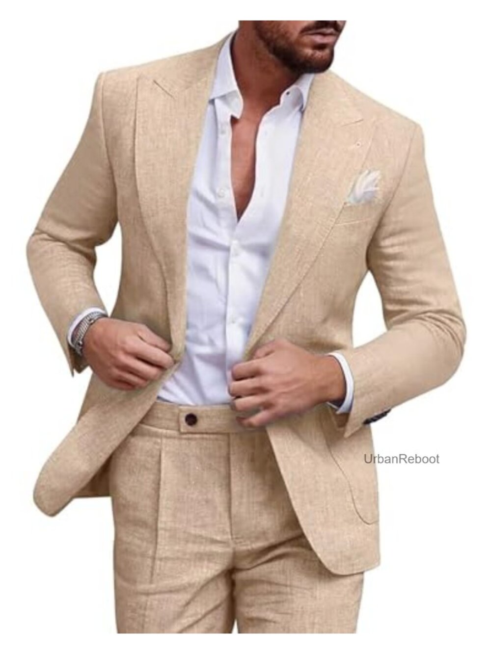 Linen Suit Set 2 Piece Peak Lapel Blazer Dress Pants Men Summer Beach Wedding